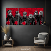 Akatsuki wall poster by Dripster featuring detailed characters with red cloud cloaks on a red background